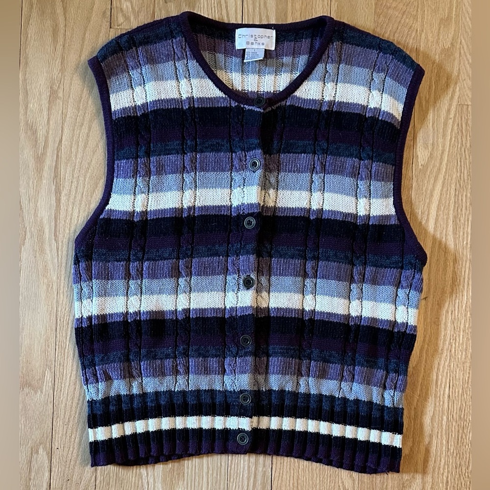 Christopher & Banks Button Down Sweater Vest, Purple Striped, Size L